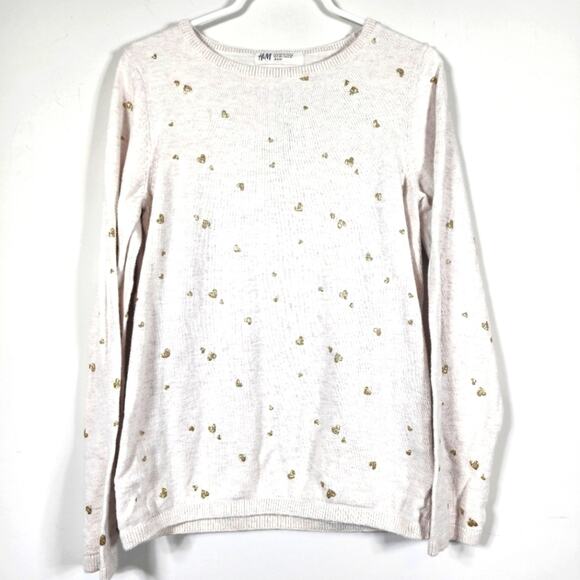 H&M Metallic Heart Cream Long Sleeve Top Size 8/10 - Picture 1 of 5